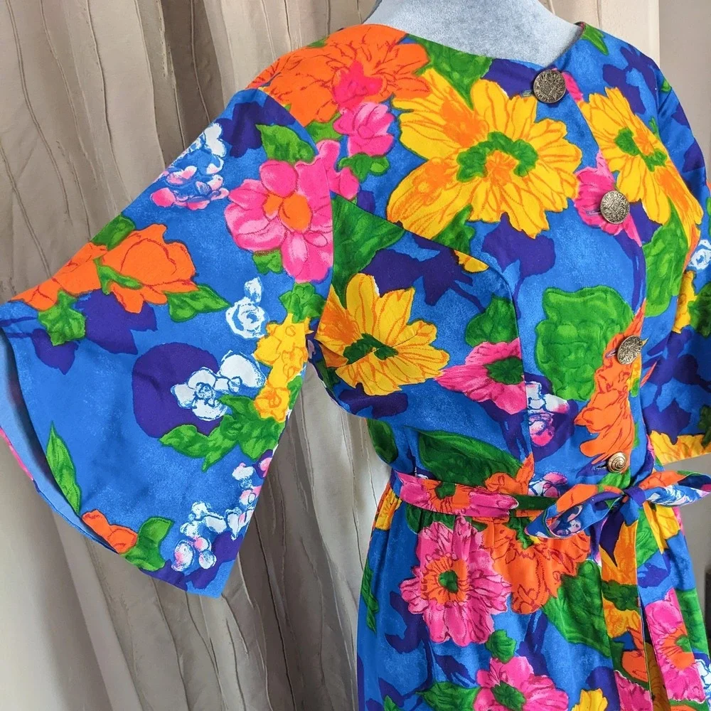 Handmade Vintage 70s Psychedelic Floral Palazzo Jumpsuit XS Mod Wide Leg